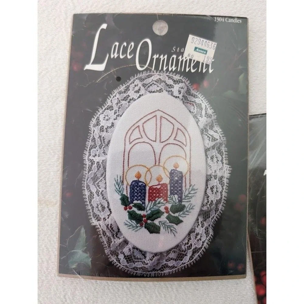 2 DMC Counted Cross Stitch Kit Lace Ornament 1248 Puppy 1304 Candles Christmas
